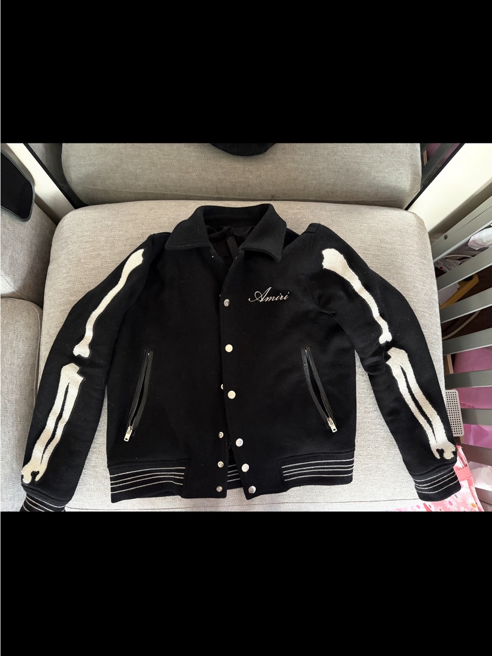AMIRI Black Varsity Jacket with White Skeleton Sleeve Motif
